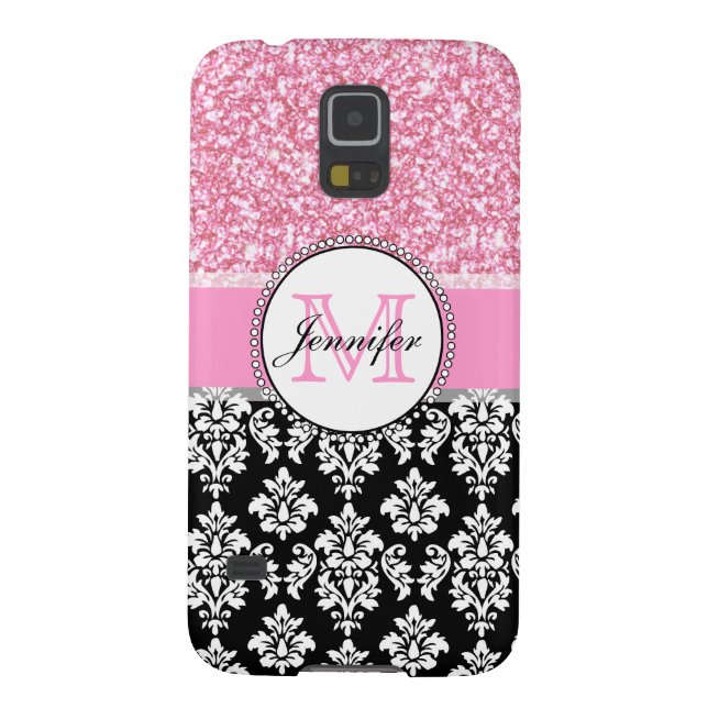Girly, Pink, Glitter Black Damask Personalised Case-Mate Samsung Galaxy Case