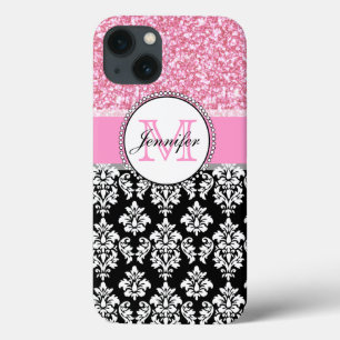 Girly, Pink, Glitter Black Damask Personalized iPhone 13 Case