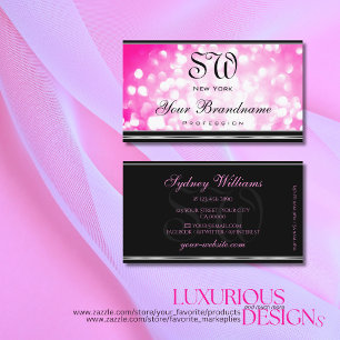 Girly Pink Glitter Black Monogram Silver Border Business Card