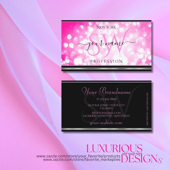 Girly Pink Glitter Black Silver Border Initials Business Card (Creator Uploaded)