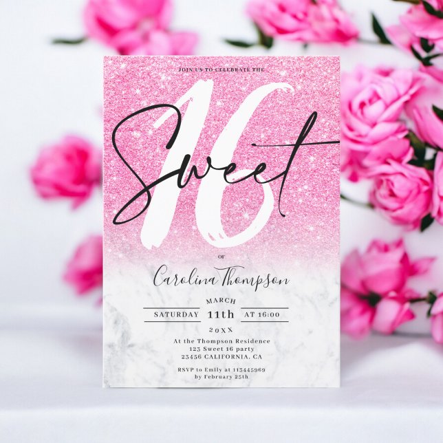 Girly pink glitter border marble photo Sweet 16 Invitation (Girly pink glitter border marble photo Sweet 16 Invitation)