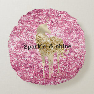 Girly Pink Glitter Confetti Gold Unicorn Round Cushion