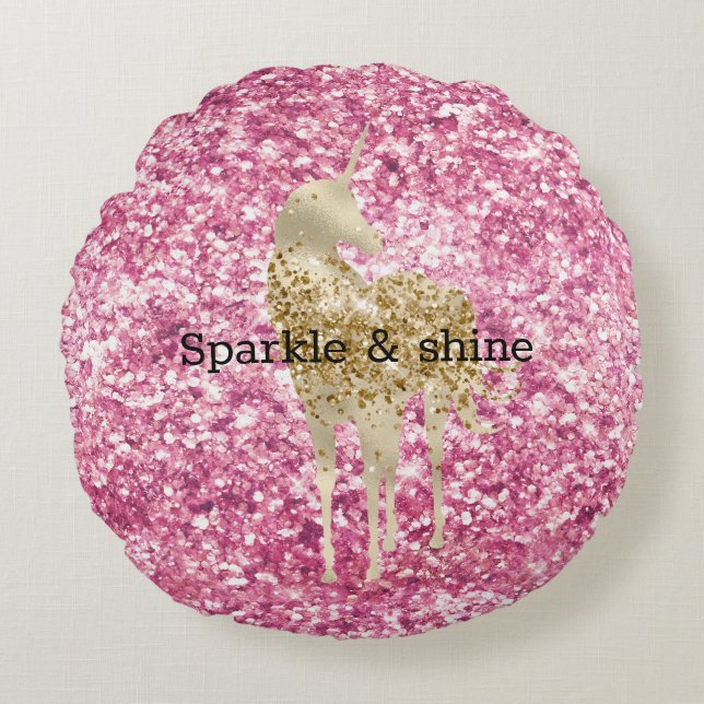Girly Pink Glitter Confetti Gold Unicorn Round Cushion (Front)