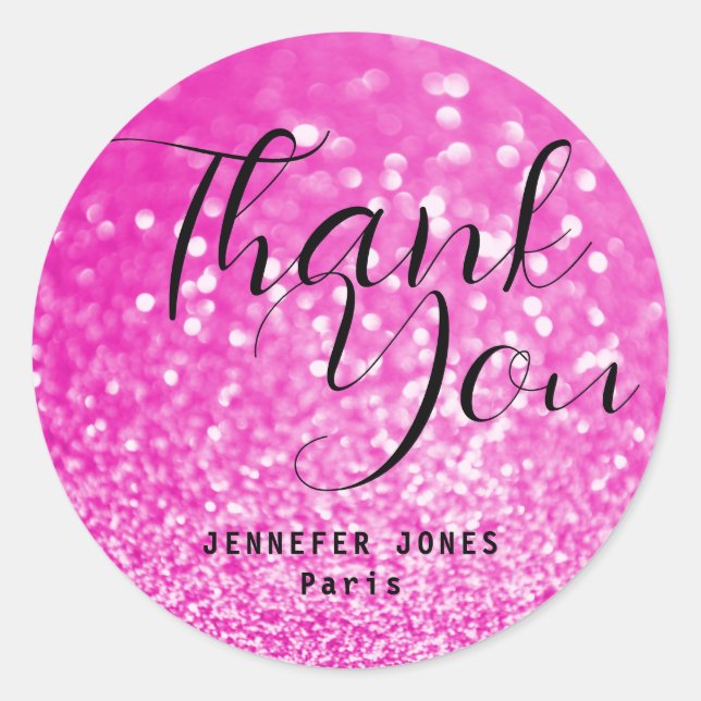 Girly Pink Glitter Crystal Bokeh Thank You Labels (Front)