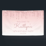 Girly Pink Glitter Drip 16th Birthday Party Banner<br><div class="desc">Welcome guests with this chic,  girly sixteenth birthday party banner,  featuring a sparkly pink faux glitter drip border and pink ombre background. Personalise it with her name  in dark rose handwriting script,  with the birthday and date below in rose sans serif font.</div>