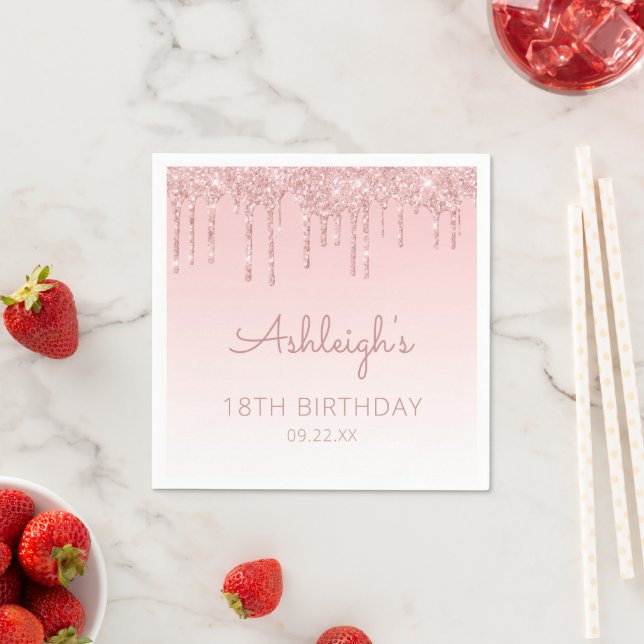 Girly Pink Glitter Drip 18th Birthday Party Napkin (Insitu)