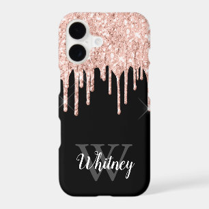 Girly Pink Glitter Drip Grey Monogram