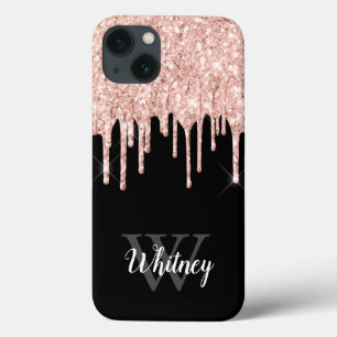 Girly Pink Glitter Drip Grey Monogram iPhone 13 Case