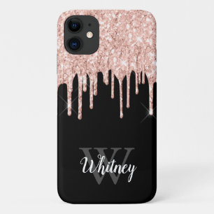 Girly Pink Glitter Drip Grey Monogram iPhone 11 Case