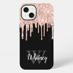 Girly Pink Glitter Drip Grey Monogram iPhone 13 Case