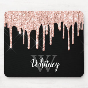 Girly Pink Glitter Drip Grey Monogram Mouse Pad