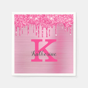 Girly Pink Glitter Drips Chic Glam Monogram Name Napkin