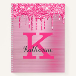 Girly Pink Glitter Drips Chic Glam Monogram Name Notebook