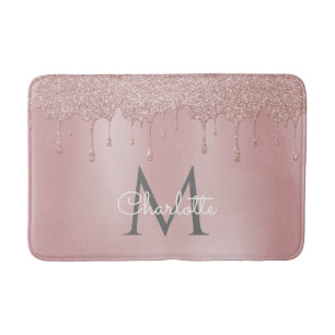 Girly Pink Glitter Drips Monogram Chic Script Bath Mat