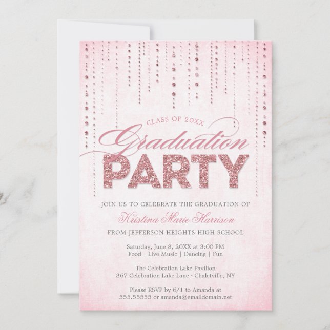 Girly Pink Glitter Gems Graduation Party Invitation (Front)