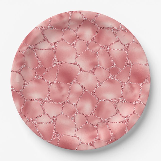 Girly Pink Glitter Giraffe Print Paper Plate (Front)