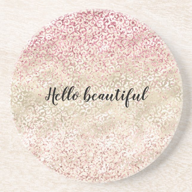 Girly Pink Glitter Glam Gold Leopard Print Ombre Coaster (Front)