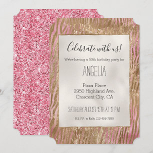 Girly Pink Glitter Gold Glam Zebra print Invitation