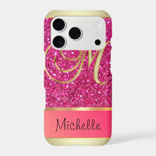 Girly Pink Glitter Golden Monogram Letter M 