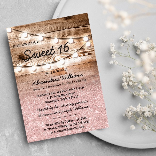 Girly Pink Glitter Hanging Lights Wood Sweet 16 Invitation (Girly Pink Glitter Hanging Lights Wood Sweet 16 Invitation )