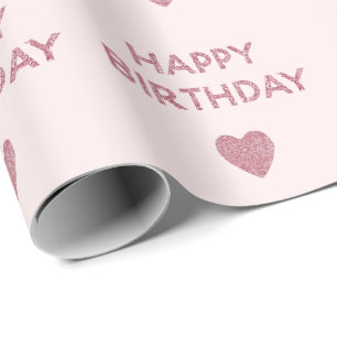 Girly Pink Glitter Happy Birthday Hearts Wrapping Paper
