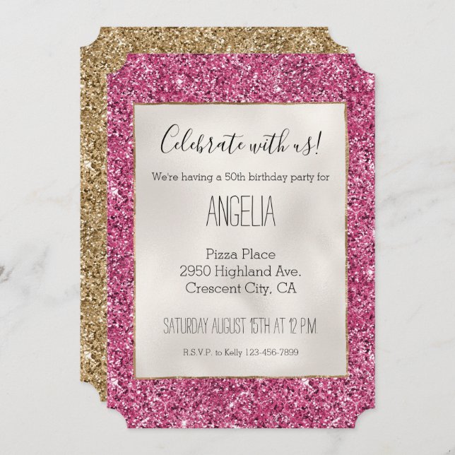 Girly Pink Glitter Invitation (Front/Back)