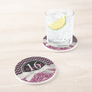 Girly Pink Glitter Look Sweet 16  Chevron Coaster