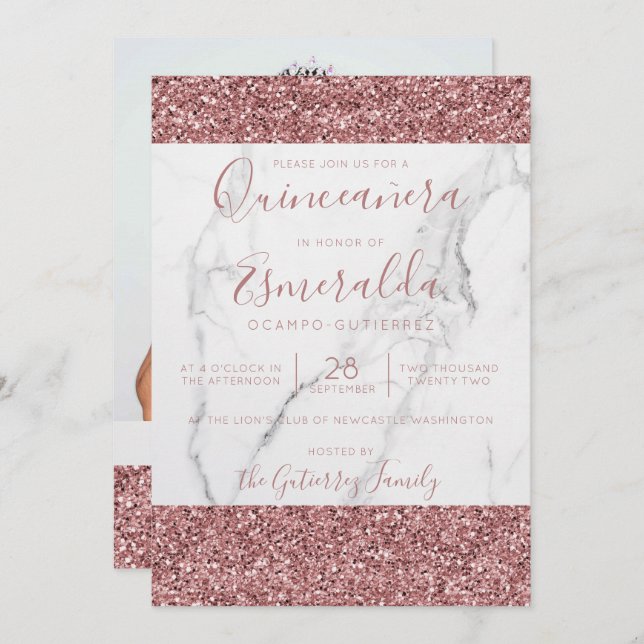 Girly Pink Glitter Marble Quinceanera Photo Invitation (Front/Back)