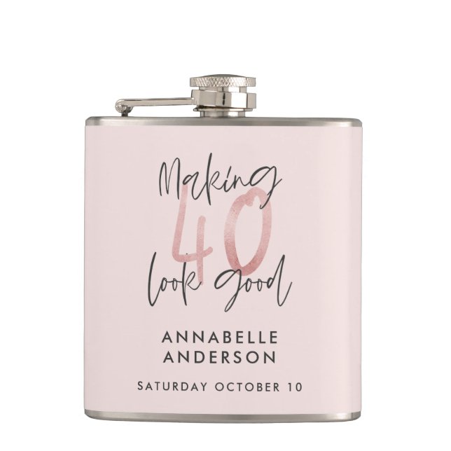 Girly pink glitter modern stylish 40th birthday hip flask (Front)