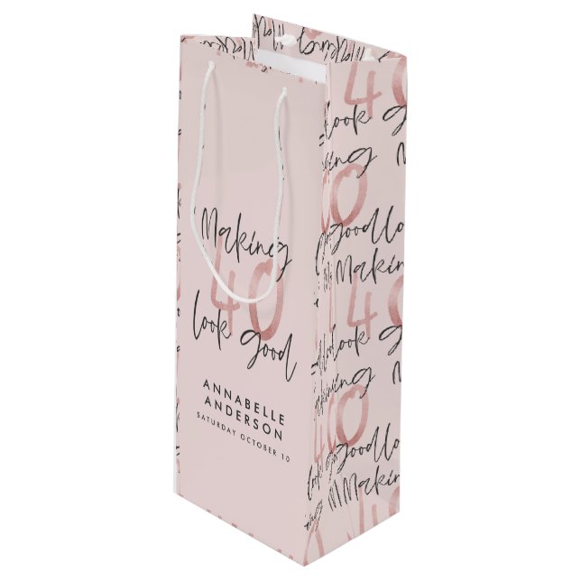 Girly pink glitter modern stylish 40th birthday wine gift bag (Front Angled)
