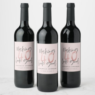 Girly pink glitter modern stylish 40th birthday wine label