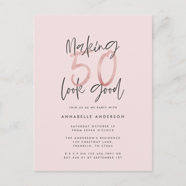 Girly pink glitter modern stylish 50th birthday postcard (Front)