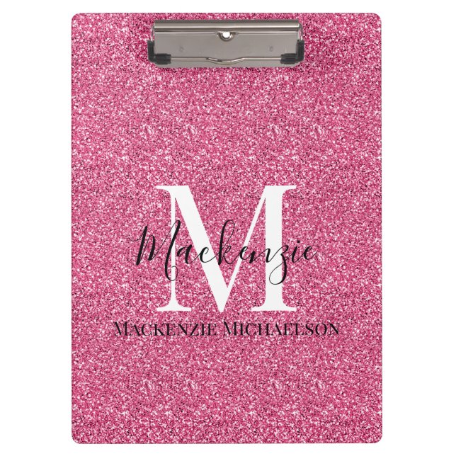 Girly Pink Glitter Monogram Name Clipboard (Front)