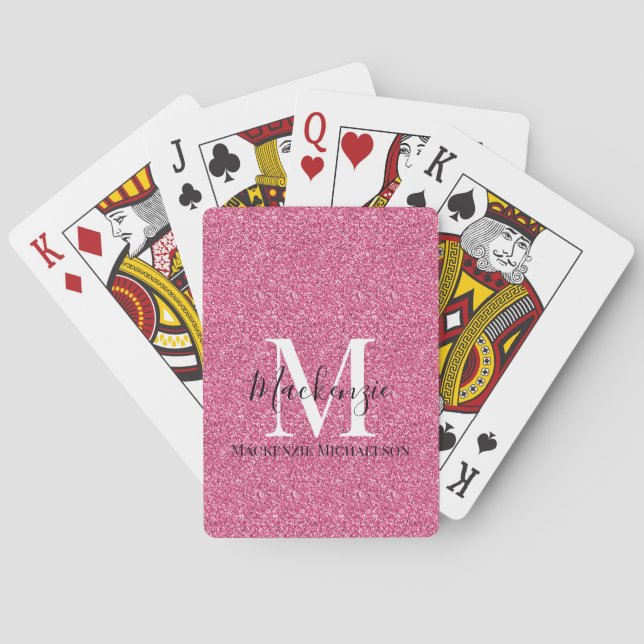 Girly Pink Glitter Monogram Name Playing Cards (Back)