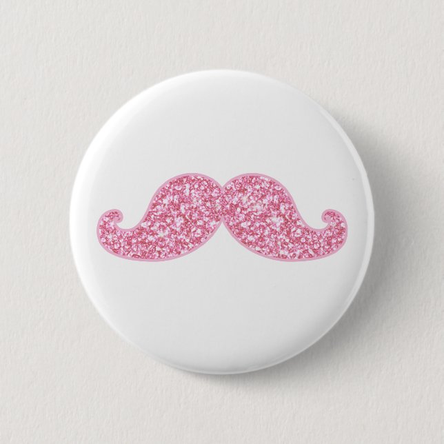 GIRLY PINK GLITTER MUSTACHE PRINTED 6 CM ROUND BADGE (Front)