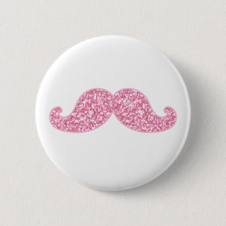 GIRLY PINK GLITTER MUSTACHE PRINTED 6 CM ROUND BADGE