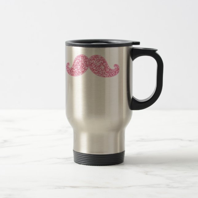 GIRLY PINK GLITTER MUSTACHE PRINTED TRAVEL MUG (Right)