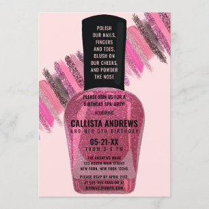 Girly Pink Glitter Nail Polish Spa Day Birthday Invitation
