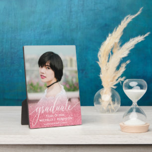 Girly Pink Glitter Ombre Girly Photo Graduation Plaque