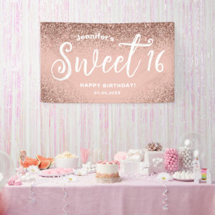 Girly Pink Glitter Rose Gold 16th Birthday Name Banner