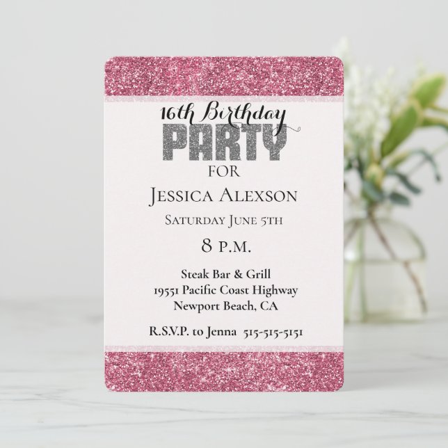 Girly Pink Glitter Sparkle Birthday Invitation (Standing Front)