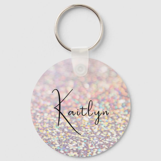 Girly Pink Glitter Sparkle Personalised Name Key Ring (Front)