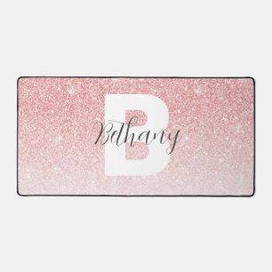 Girly Pink Glitter Sparkles Monogram Script Name Desk Mat