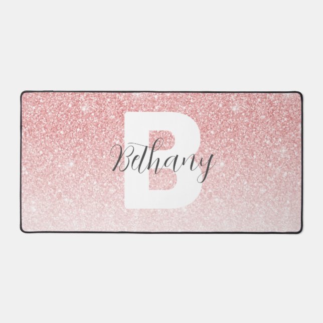 Girly Pink Glitter Sparkles Monogram Script Name Desk Mat (Front)