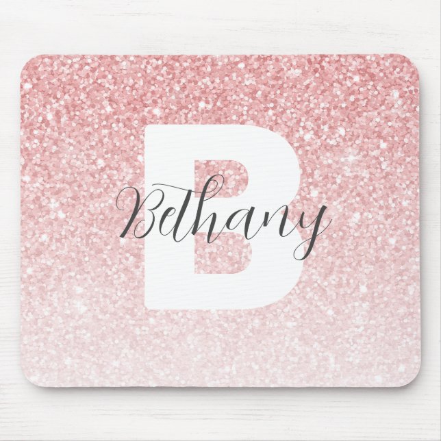 Girly Pink Glitter Sparkles Monogram Script Name Mouse Pad (Front)