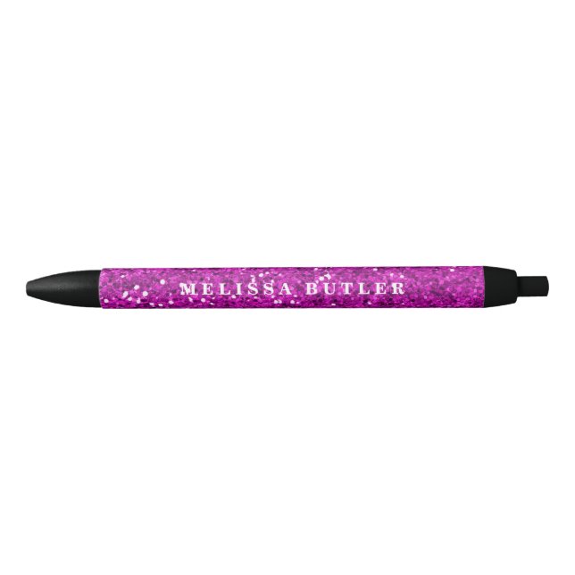 Girly Pink Glitter Trendy Black Ink Pen (Front)