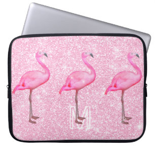 Girly Pink Glitter Tropical Flamingos Pattern Laptop Sleeve