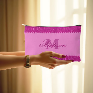 Girly pink glitter zigzag, monogram, custom accessory pouch