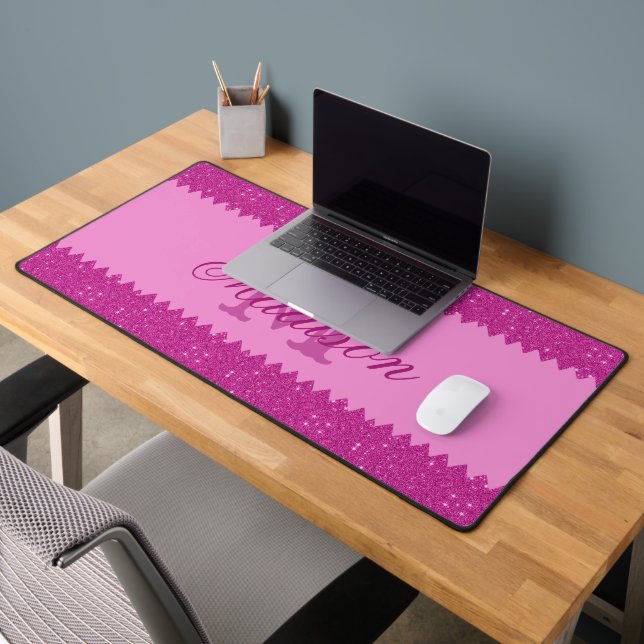 Girly pink glitter zigzag, monogram desk mat (Office 2)