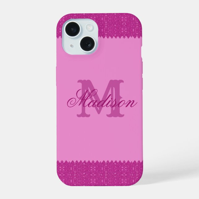 Girly pink glitter zigzag, monogram iPhone 15 case (Back)